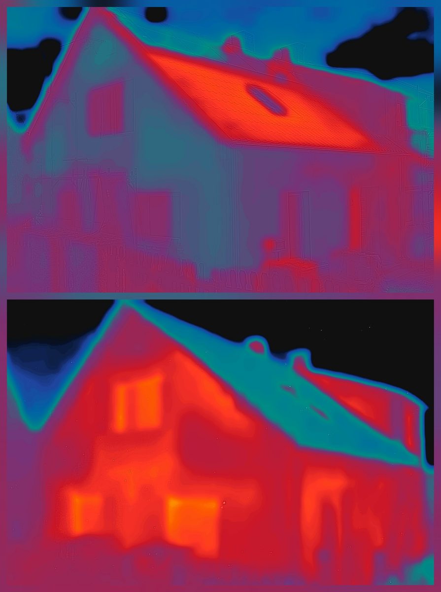 Two thermal images of a single-family house, one above the other, before and after coating. Facade surfaces and roof are clearly distinguishable by colour.